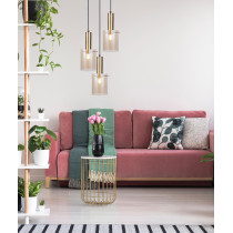 Złota skandynawska lampa wisząca LAHTI, bursztynowy klosz